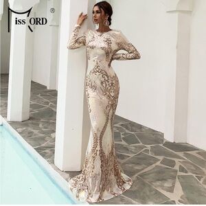 MISSord Long Sleeve Cream and Gold Sequin Gown